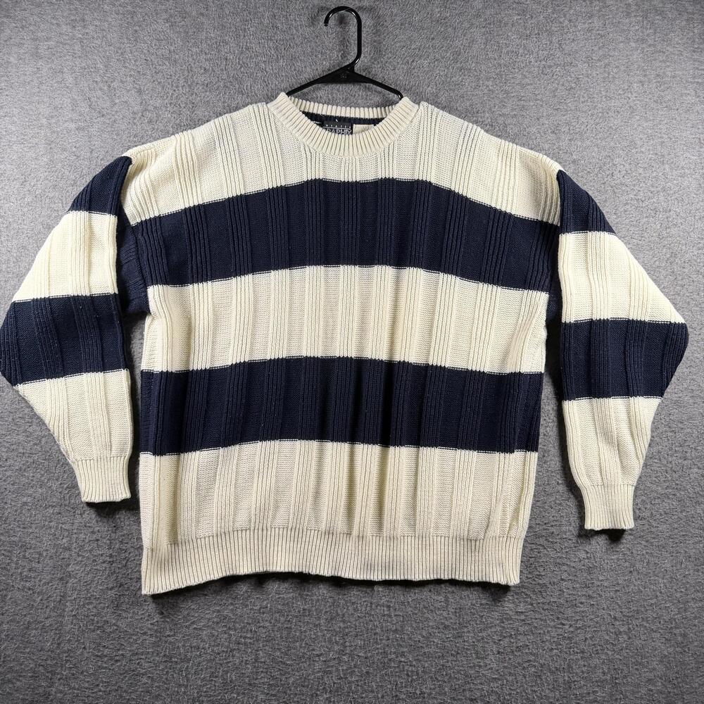 VTG Sweater Graphix Sweater Mens XL Blue Cream Striped Knit Crewneck Pullover